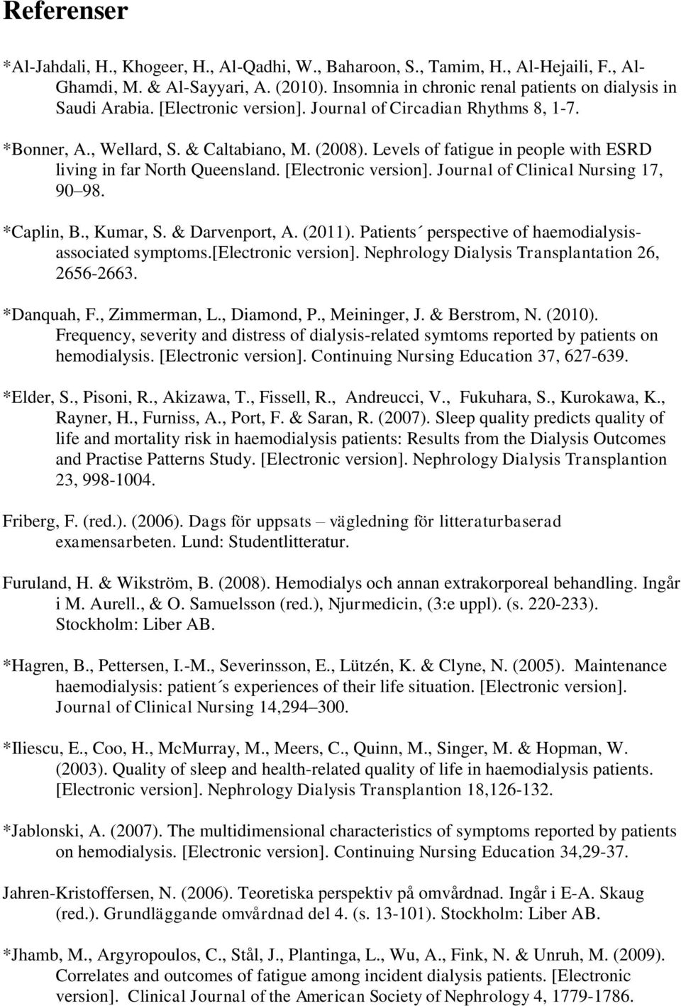 Journal of Clinical Nursing 17, 90 98. *Caplin, B., Kumar, S. & Darvenport, A. (2011). Patients perspective of haemodialysisassociated symptoms.[electronic version].