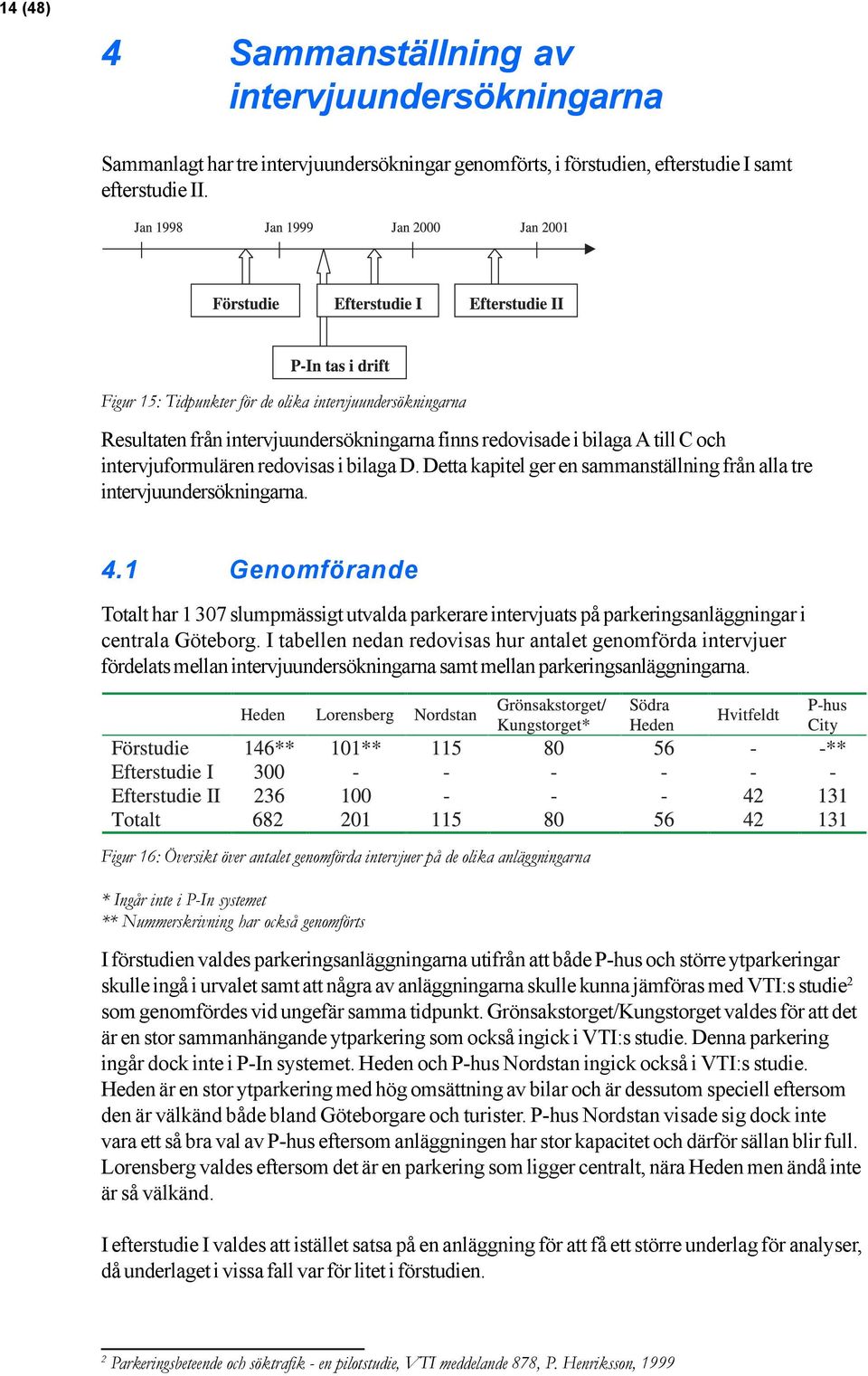 Detta kapitel ger en sammanställning från alla tre intervjuundersökningarna. 4.1 Genomförande Totalt har 1 307 slumpmässigt utvalda parkerare intervjuats på parkeringsanläggningar i centrala Göteborg.