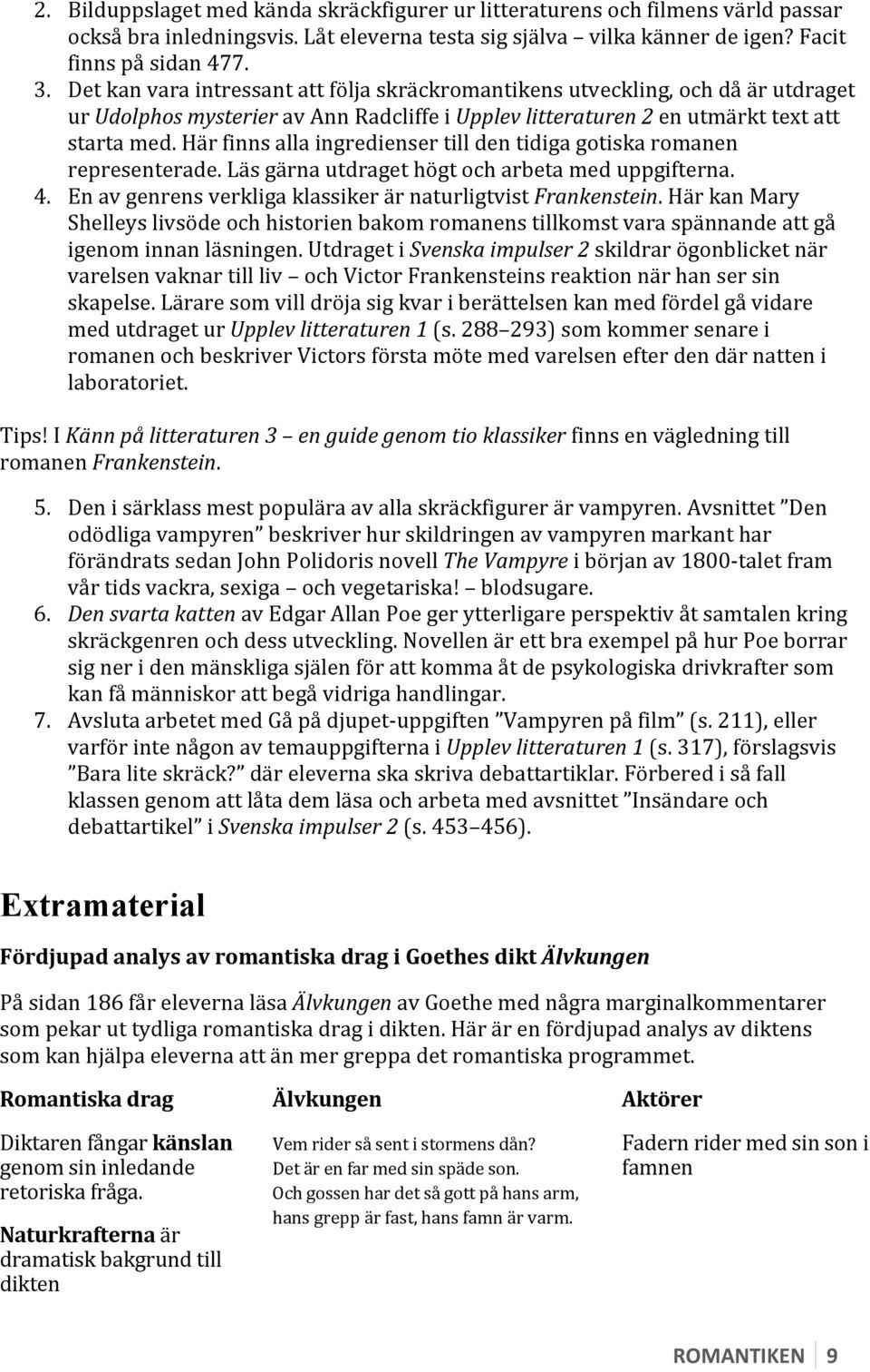 Här finns alla ingredienser till den tidiga gotiska romanen representerade. Läs gärna utdraget högt och arbeta med uppgifterna. 4. En av genrens verkliga klassiker är naturligtvist Frankenstein.