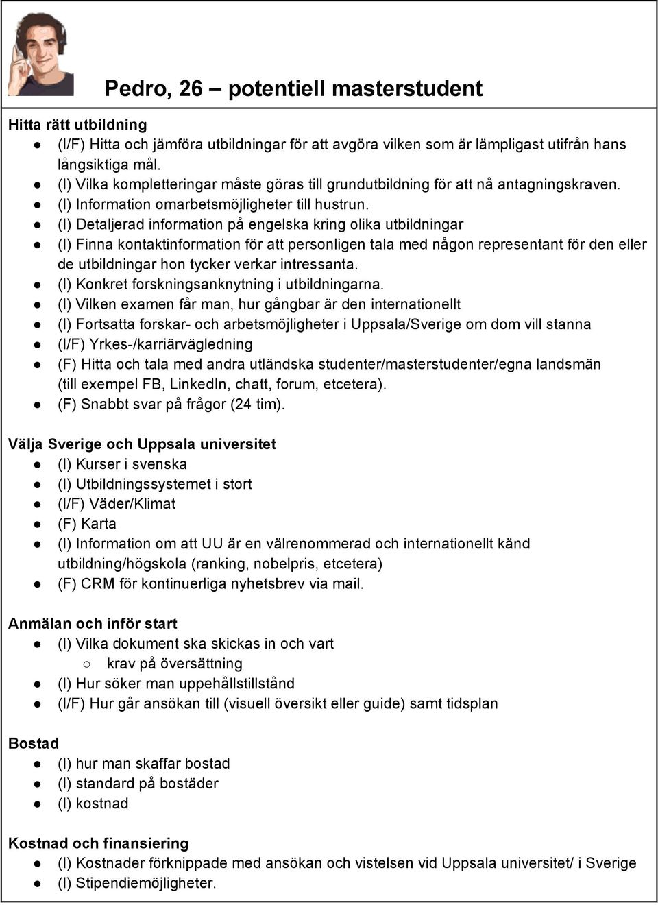 (I) Detaljerad information på engelska kring olika utbildningar (I) Finna kontaktinformation för att personligen tala med någon representant för den eller de utbildningar hon tycker verkar