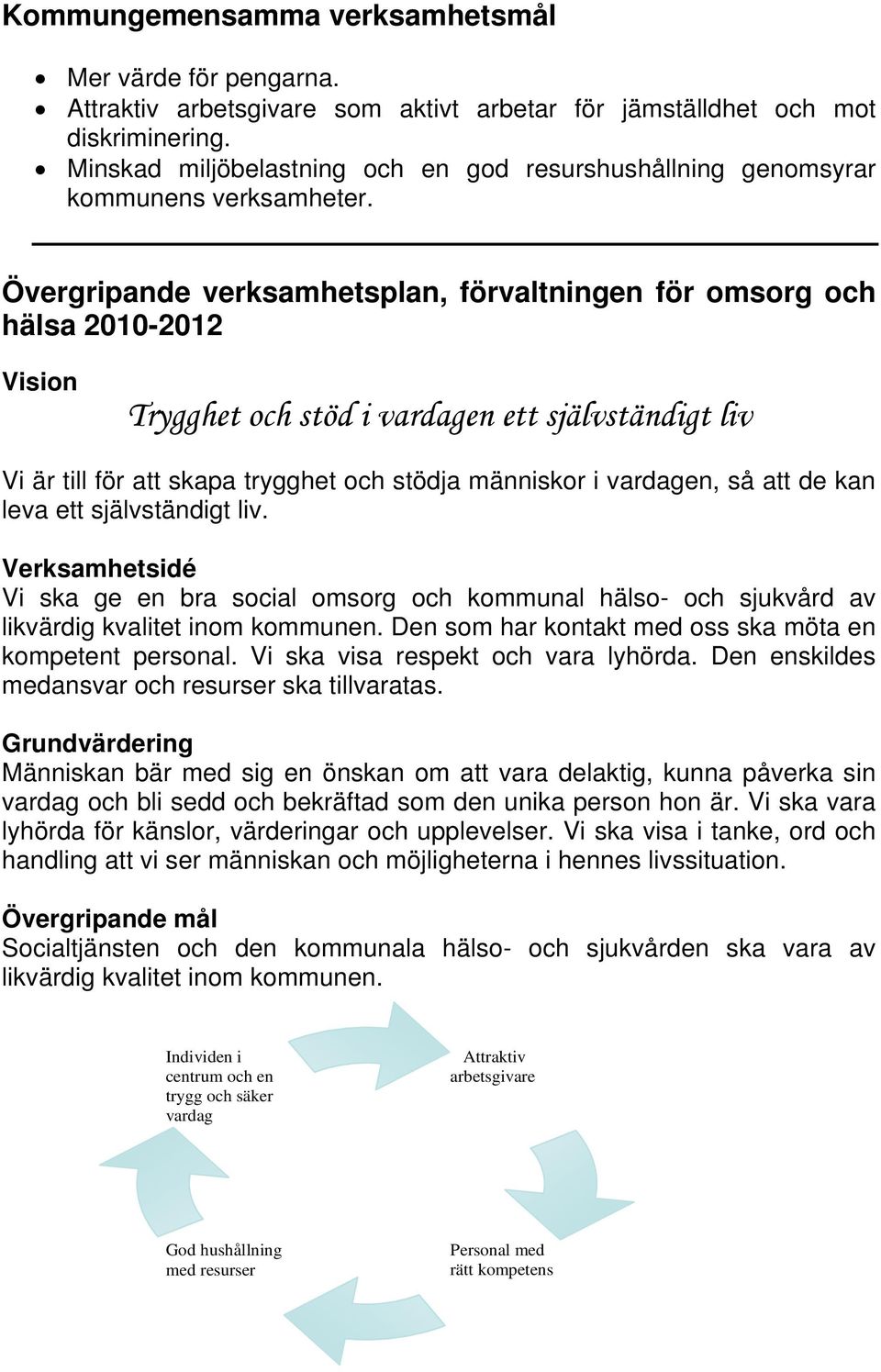 Övergripande verksamhetsplan, förvaltningen för omsorg och hälsa 2010-2012 Vision Trygghet och stöd i vardagen ett självständigt liv Vi är till för att skapa trygghet och stödja människor i vardagen,