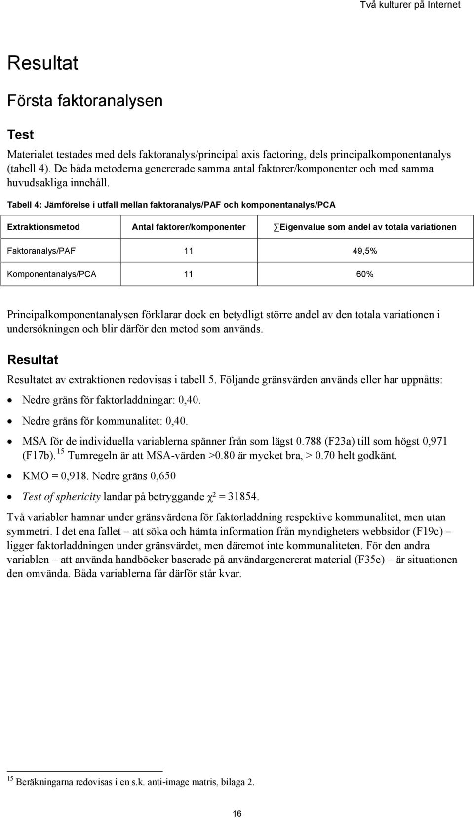 Tabell 4: Jämförelse i utfall mellan faktoranalys/paf och komponentanalys/pca Extraktionsmetod Antal faktorer/komponenter Eigenvalue som andel av totala variationen Faktoranalys/PAF 11 49,5%