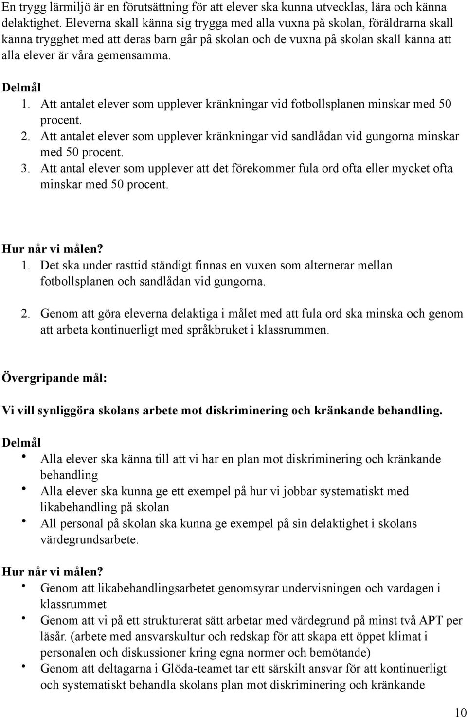 Delmål 1. Att antalet elever som upplever kränkningar vid fotbollsplanen minskar med 50 procent. 2. Att antalet elever som upplever kränkningar vid sandlådan vid gungorna minskar med 50 procent. 3.