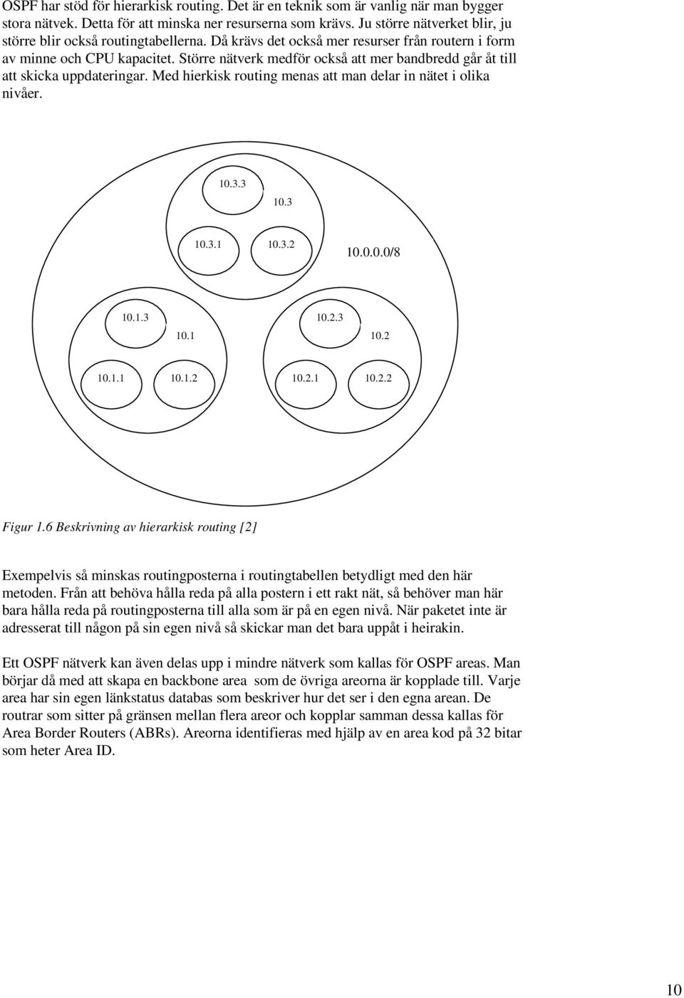 Större nätverk medför också att mer bandbredd går åt till att skicka uppdateringar. Med hierkisk routing menas att man delar in nätet i olika nivåer. 10.3.3 10.3 10.3.1 10.3.2 10.0.0.0/8 10.1.3 10.2.3 10.1 10.2 10.1.1 10.1.2 10.2.1 10.2.2 Figur 1.