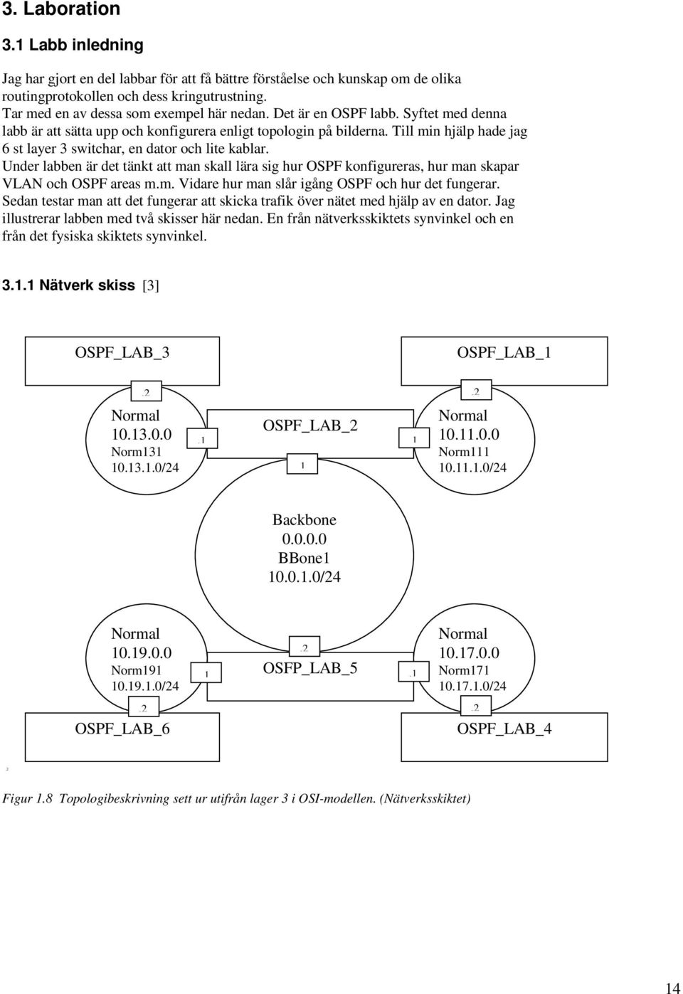 Till min hjälp hade jag 6 st layer 3 switchar, en dator och lite kablar. Under labben är det tänkt att man skall lära sig hur OSPF konfigureras, hur man skapar VLAN och OSPF areas m.m. Vidare hur man slår igång OSPF och hur det fungerar.