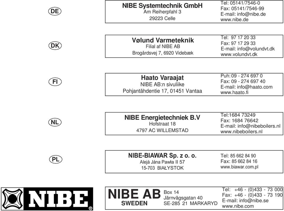 dk www.volundvt.dk FI Haato Varaajat NIBE AB:n sivuliike Pohjantähdentie 7, 5 Vantaa Puh: 9-7 97 Fax: 9-7 97 E-mail: info@haato.com www.haato.fi NL NIBE Energietechniek B.