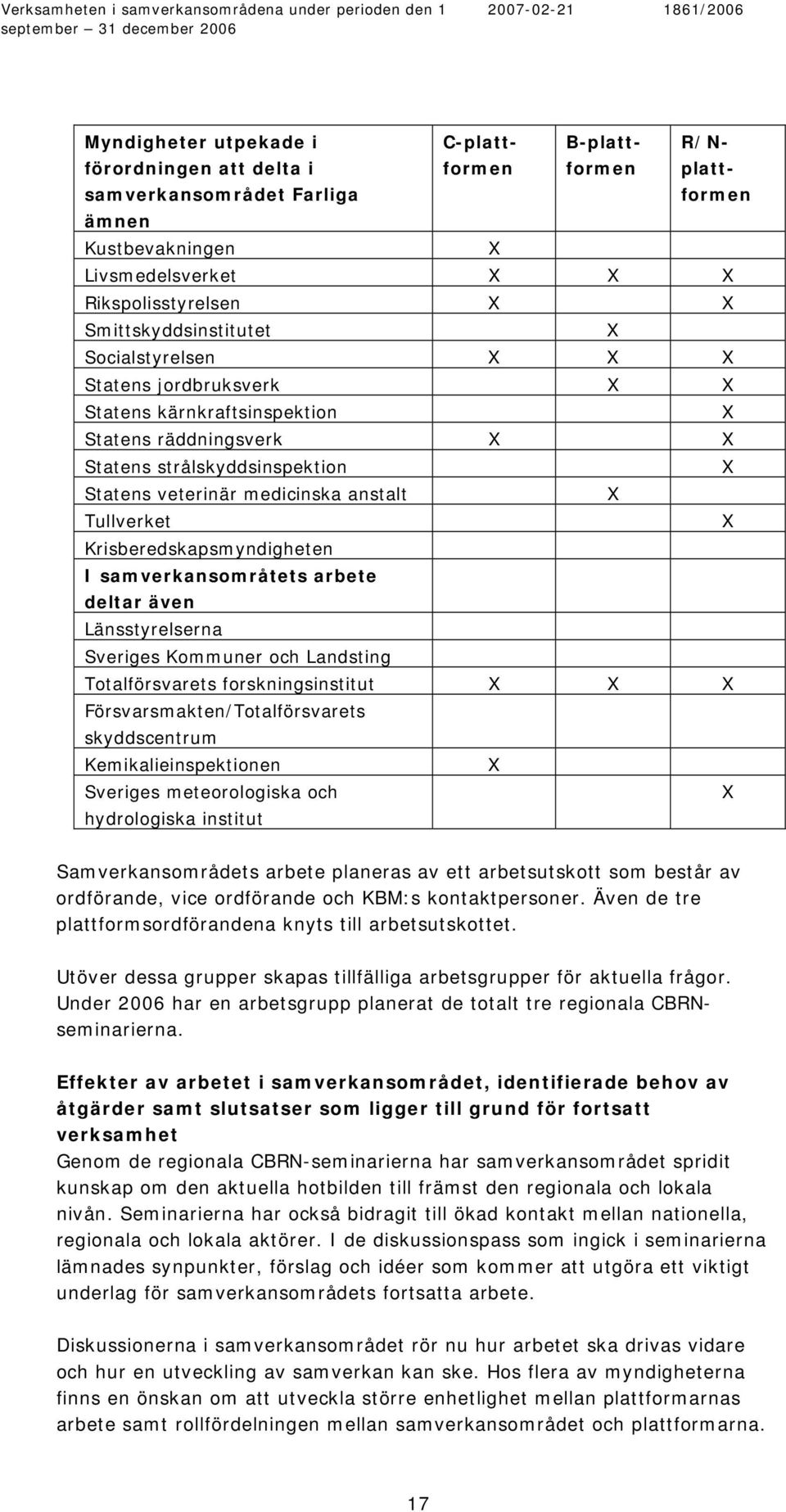 Tullverket X Krisberedskapsmyndigheten I samverkansområtets arbete deltar även Länsstyrelserna Sveriges Kommuner och Landsting Totalförsvarets forskningsinstitut X X X Försvarsmakten/Totalförsvarets