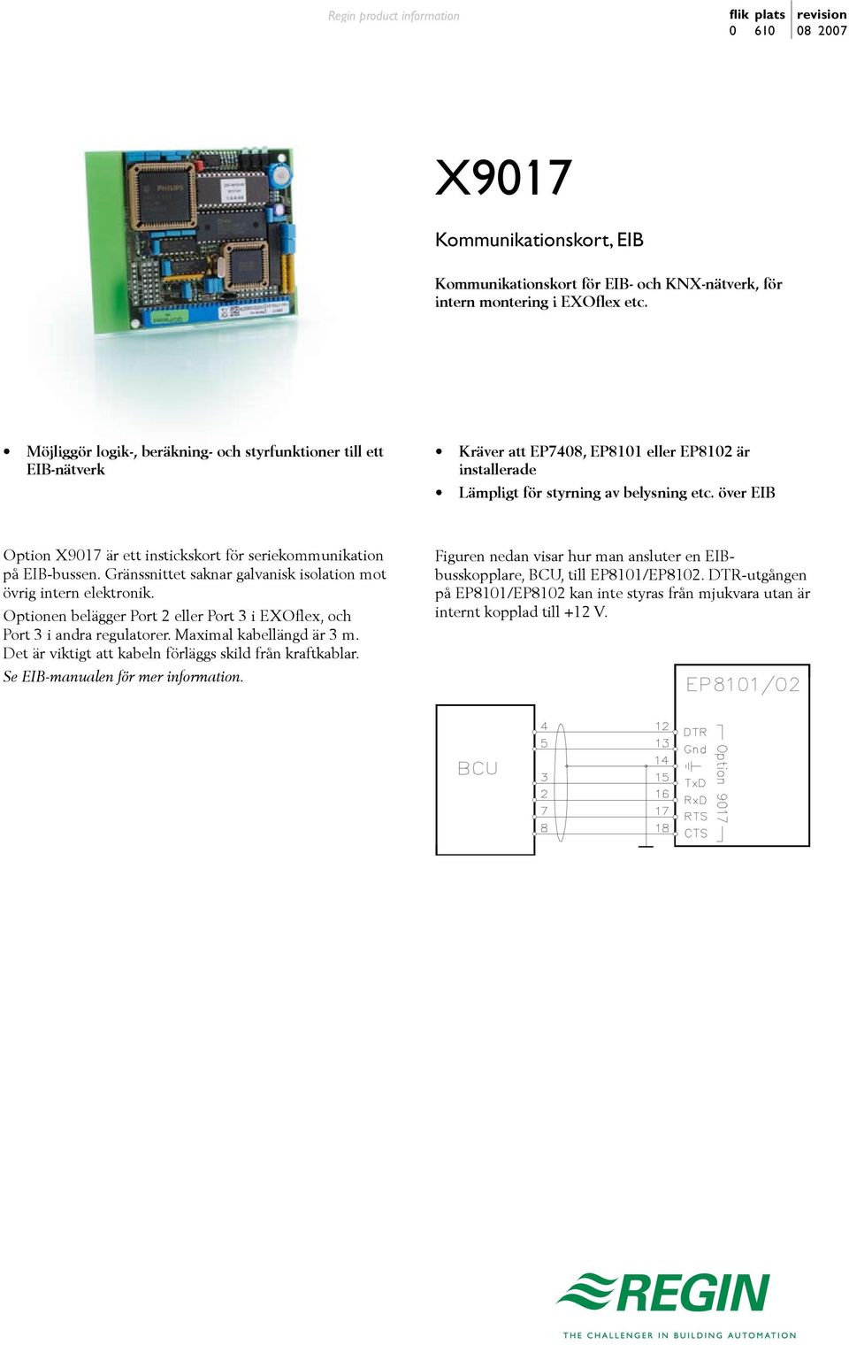 över EIB Option X9017 är ett instickskort för seriekommunikation på EIB-bussen. Gränssnittet saknar galvanisk isolation mot övrig intern elektronik.