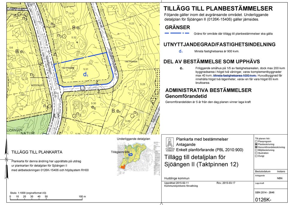 Lunglavsvägen 2 5 TAKTPINNEN 27 DEL AV BESTÄMMELSE SOM UPPHÄVS 3 4 NOTSTÄLLET TAKTPINNEN 12 11 d 1 16 33 6 ADMINISTRATIVA BESTÄMMELSER Genomförandetid Genomförandetiden är 5 år från den dag planen