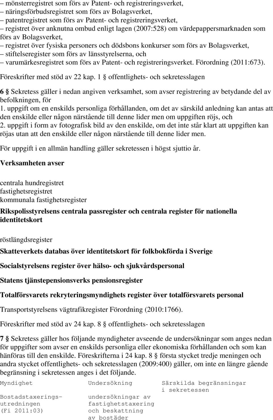 länsstyrelserna, och varumärkesregistret som förs av Patent- och registreringsverket. Förordning (2011:673). Föreskrifter med stöd av 22 kap.