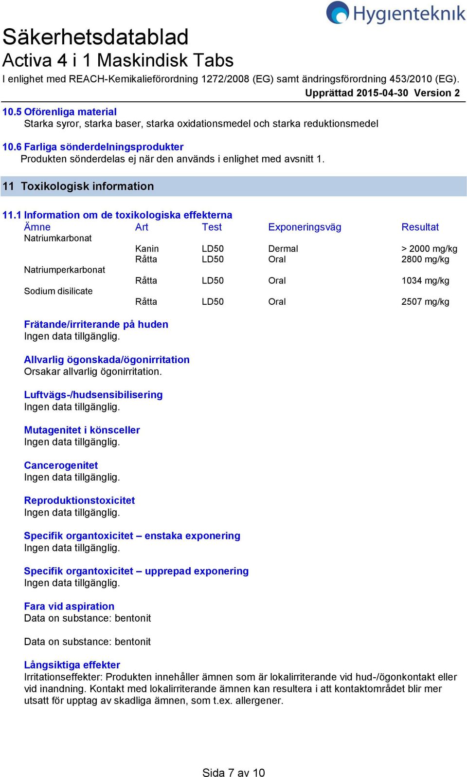 6 Farliga sönderdelningsprodukter Produkten sönderdelas ej när den används i enlighet med avsnitt 1. 11 Toxikologisk information 11.