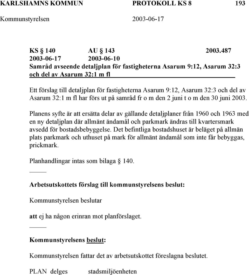 del av Asarum 32:1 m fl har förs ut på samråd fr o m den 2 juni t o m den 30 juni 2003.