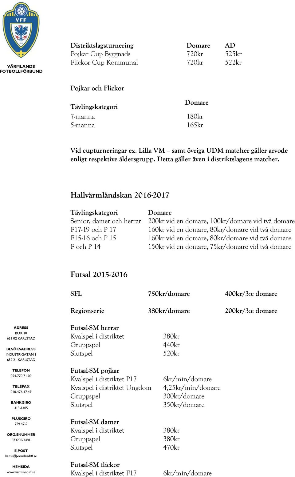 Hallvärmländskan 2016-2017 Senior, damer och herrar F17-19 och P 17 F15-16 och P 15 F och P 14 200kr vid en domare, 100kr/domare vid två domare 160kr vid en domare, 80kr/domare vid två domare 160kr