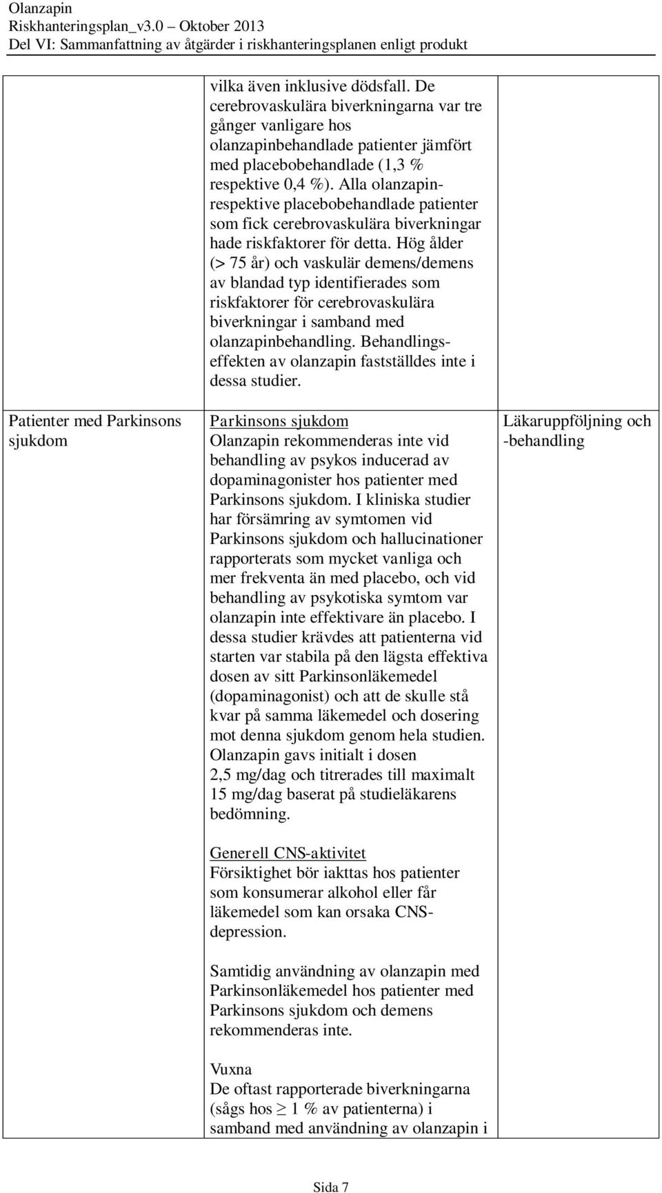 Hög ålder (> 75 år) och vaskulär demens/demens av blandad typ identifierades som riskfaktorer för cerebrovaskulära biverkningar i samband med olanzapinbehandling.