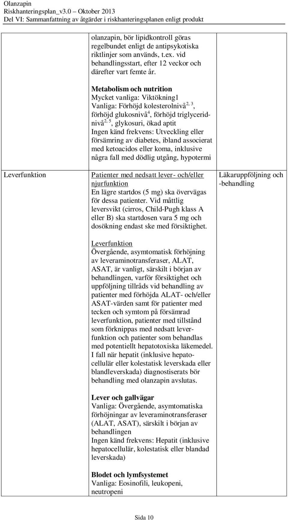 eller försämring av diabetes, ibland associerat med ketoacidos eller koma, inklusive några fall med dödlig utgång, hypotermi Leverfunktion Patienter med nedsatt lever- och/eller njurfunktion En lägre