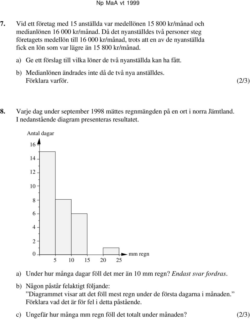 a) Ge ett förslag till vilka löner de två nyanställda kan ha fått. b) Medianlönen ändrades inte då de två nya anställdes. Förklara varför. (2/3) 8.