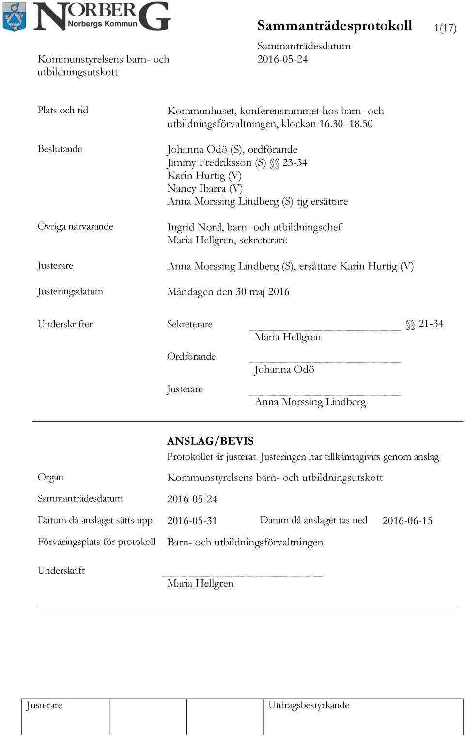 sekreterare Anna Morssing Lindberg (S), ersättare Karin Hurtig (V) Justeringsdatum Måndagen den 30 maj 2016 Underskrifter Sekreterare 21-34 Maria Hellgren Ordförande Johanna Odö Anna Morssing