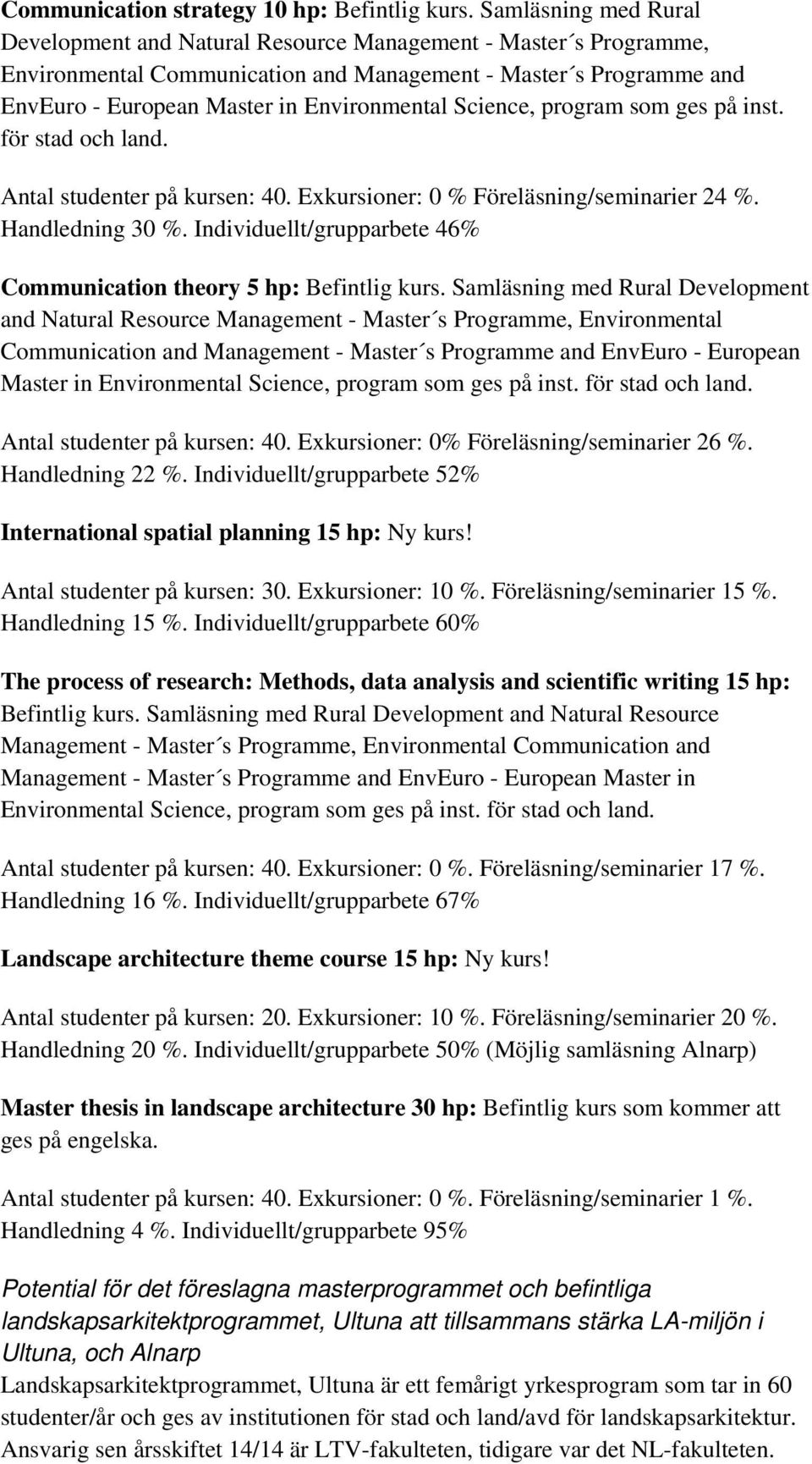 Science, program som ges på inst. för stad och land. Antal studenter på kursen: 40. Exkursioner: 0 % Föreläsning/seminarier 24 %. Handledning 30 %.