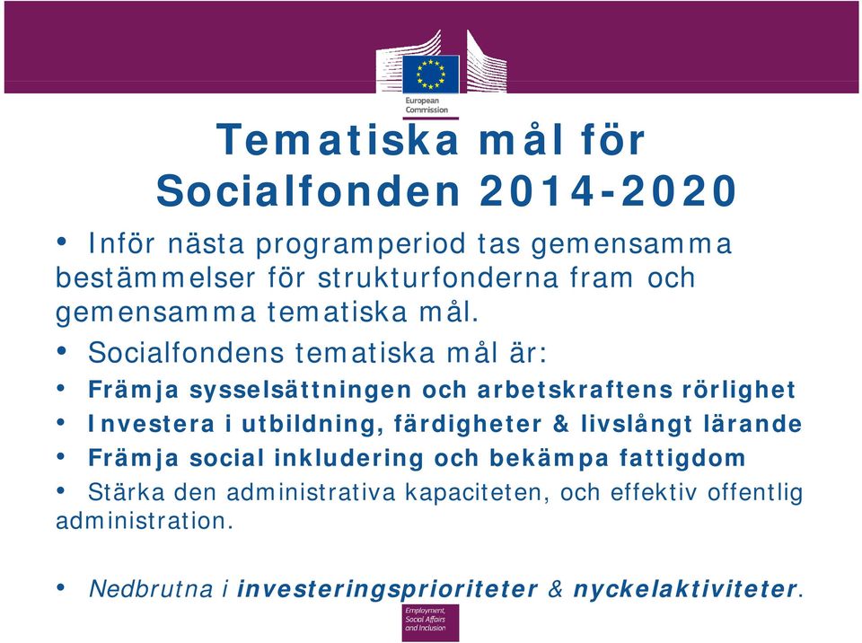 Socialfondens tematiska mål är: Främja sysselsättningen och arbetskraftens rörlighet Investera i utbildning,