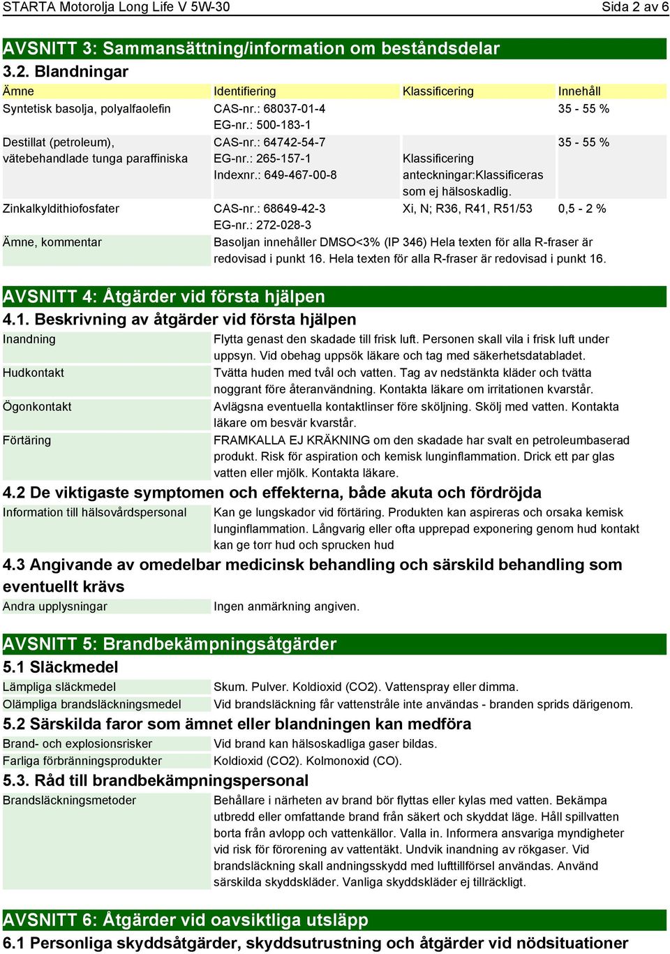 : 272-028-3 Ämne, kommentar AVSNITT 4: Åtgärder vid första hjälpen 4.1.