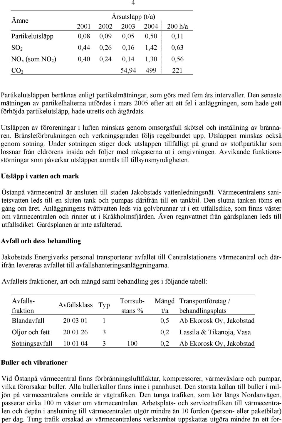 Den senaste mätningen av partikelhalterna utfördes i mars 2005 efter att ett fel i anläggningen, som hade gett förhöjda partikelutsläpp, hade utretts och åtgärdats.