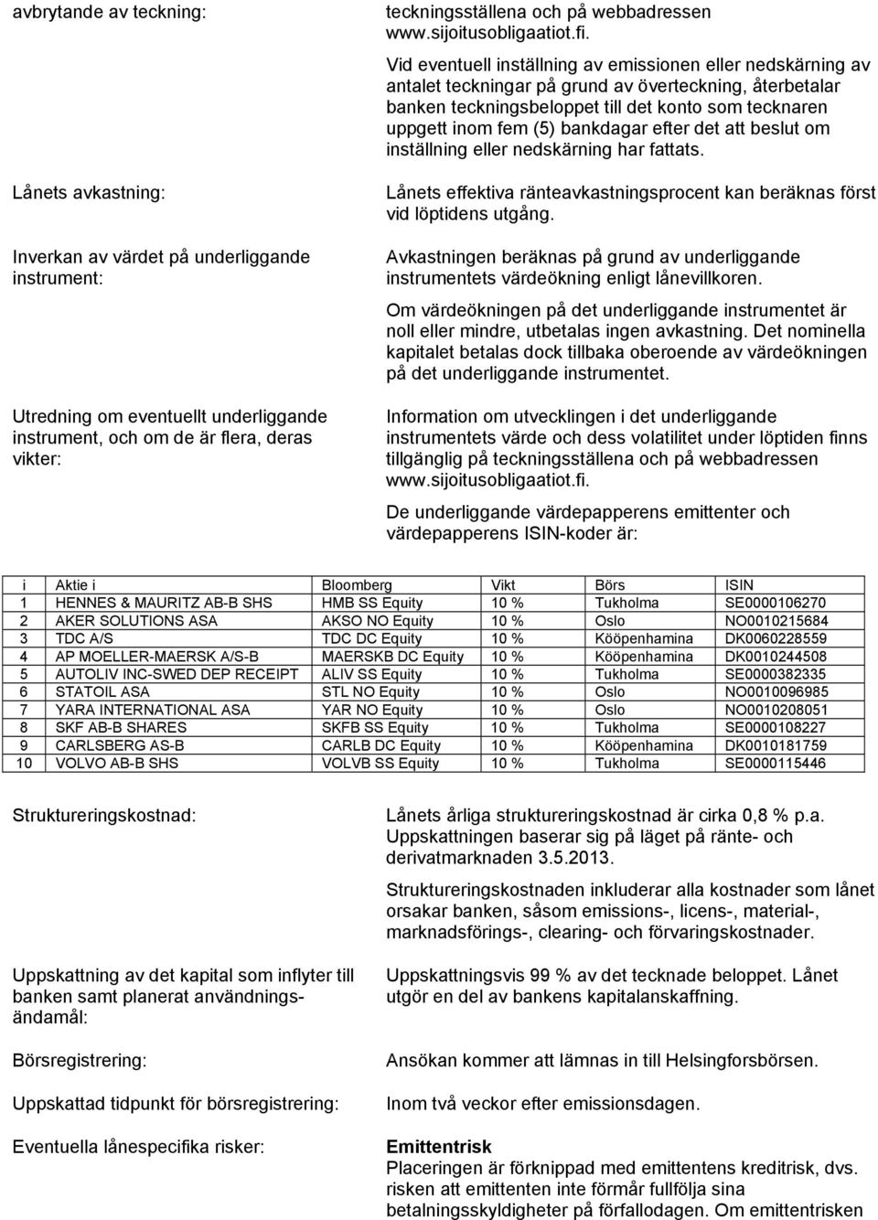 Vid eventuell inställning av emissionen eller nedskärning av antalet teckningar på grund av överteckning, återbetalar banken teckningsbeloppet till det konto som tecknaren uppgett inom fem (5)