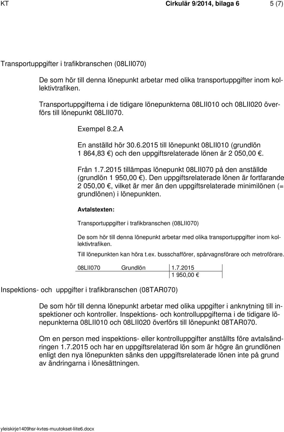 2015 till lönepunkt 08LII010 (grundlön 1 864,83 ) och den uppgiftsrelaterade lönen är 2 050,00. Från 1.7.2015 tillämpas lönepunkt 08LII070 på den anställde (grundlön 1 950,00 ).