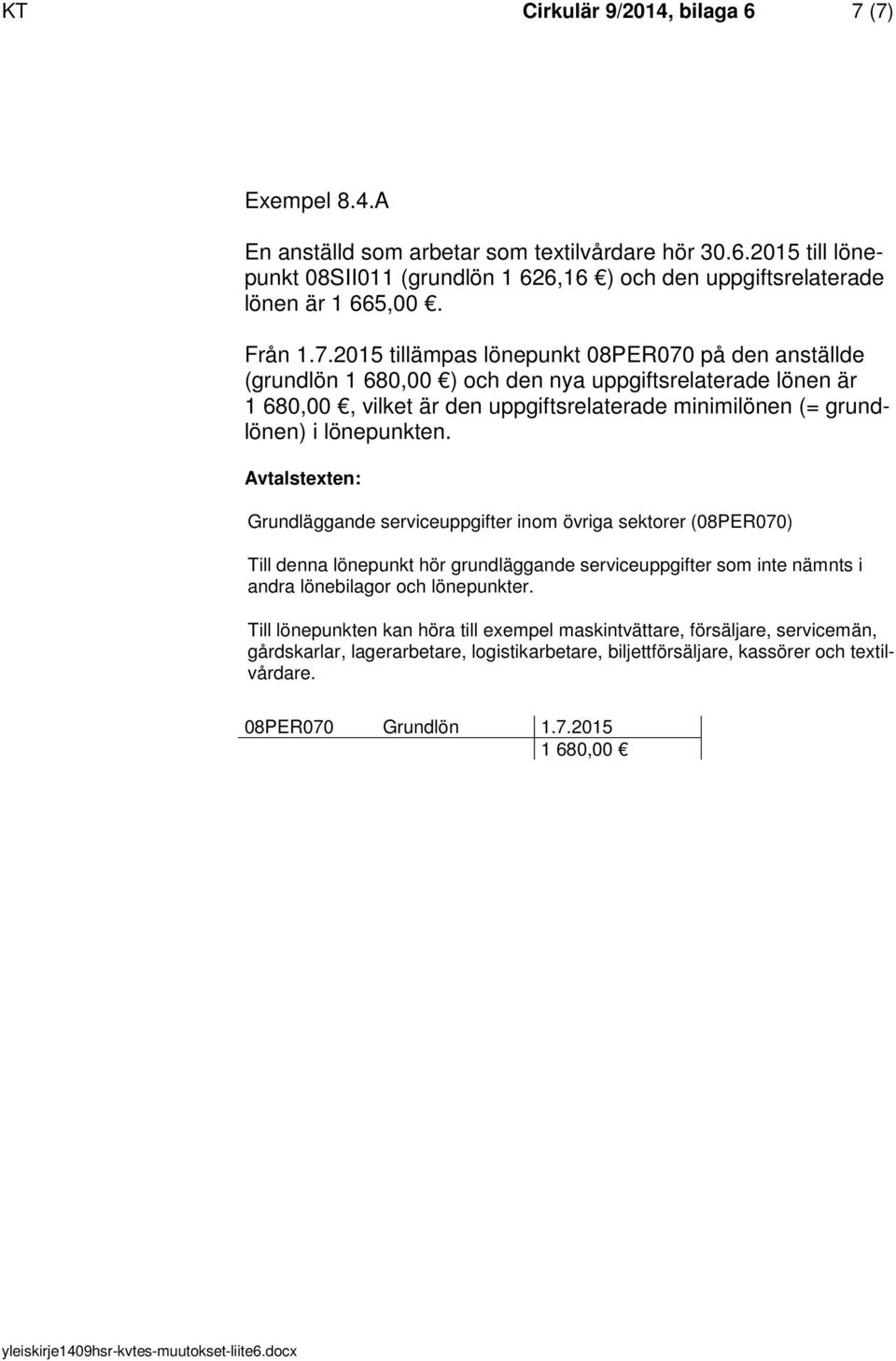 2015 tillämpas lönepunkt 08PER070 på den anställde (grundlön 1 680,00 ) och den nya uppgiftsrelaterade lönen är 1 680,00, vilket är den uppgiftsrelaterade minimilönen (= grundlönen) i lönepunkten.