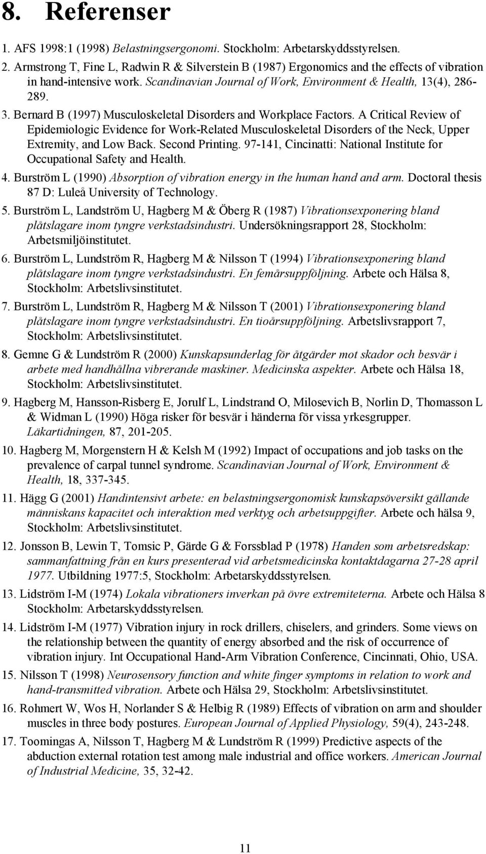 Bernard B (1997) Musculoskeletal Disorders and Workplace Factors. A Critical Review of Epidemiologic Evidence for Work-Related Musculoskeletal Disorders of the Neck, Upper Extremity, and Low Back.