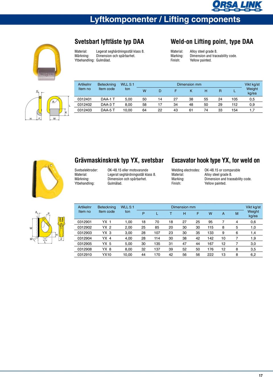 Excavator hook type YX, for weld on Welding electrodes: O-48.15 or comparable Marking: imension and traceability code. Finish: Yellow painted.