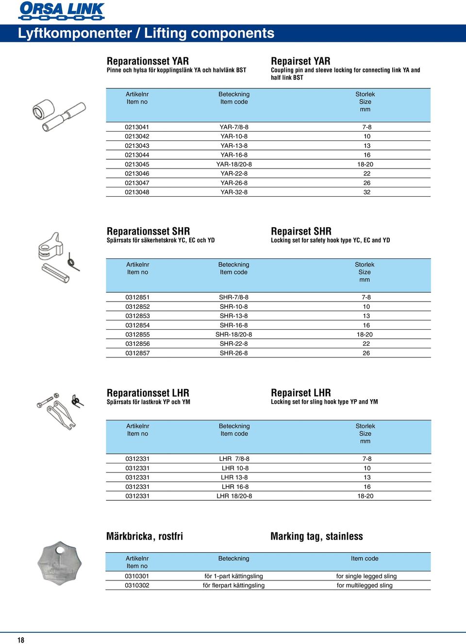 säkerhetskrok YC, EC och Y Repairset SR ocking set for safety hook type YC, EC and Y Storlek Size mm 0312851 SR-7/8-8 7-8 0312852 SR-10-8 10 0312853 SR-13-8 13 0312854 SR-16-8 16 0312855 SR-18/20-8