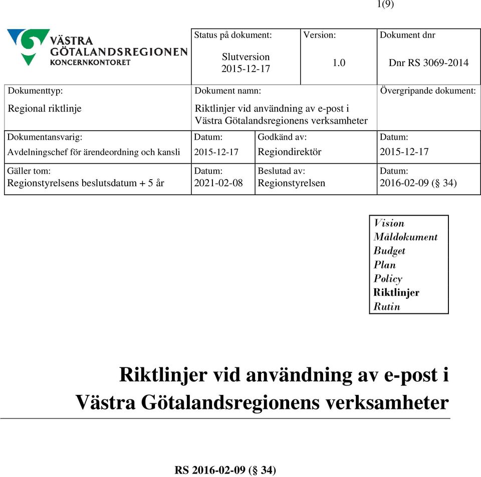 verksamheter Dokumentansvarig: Datum: Godkänd av: Datum: Avdelningschef för ärendeordning och kansli 2015-12-17 Regiondirektör 2015-12-17 Gäller tom: