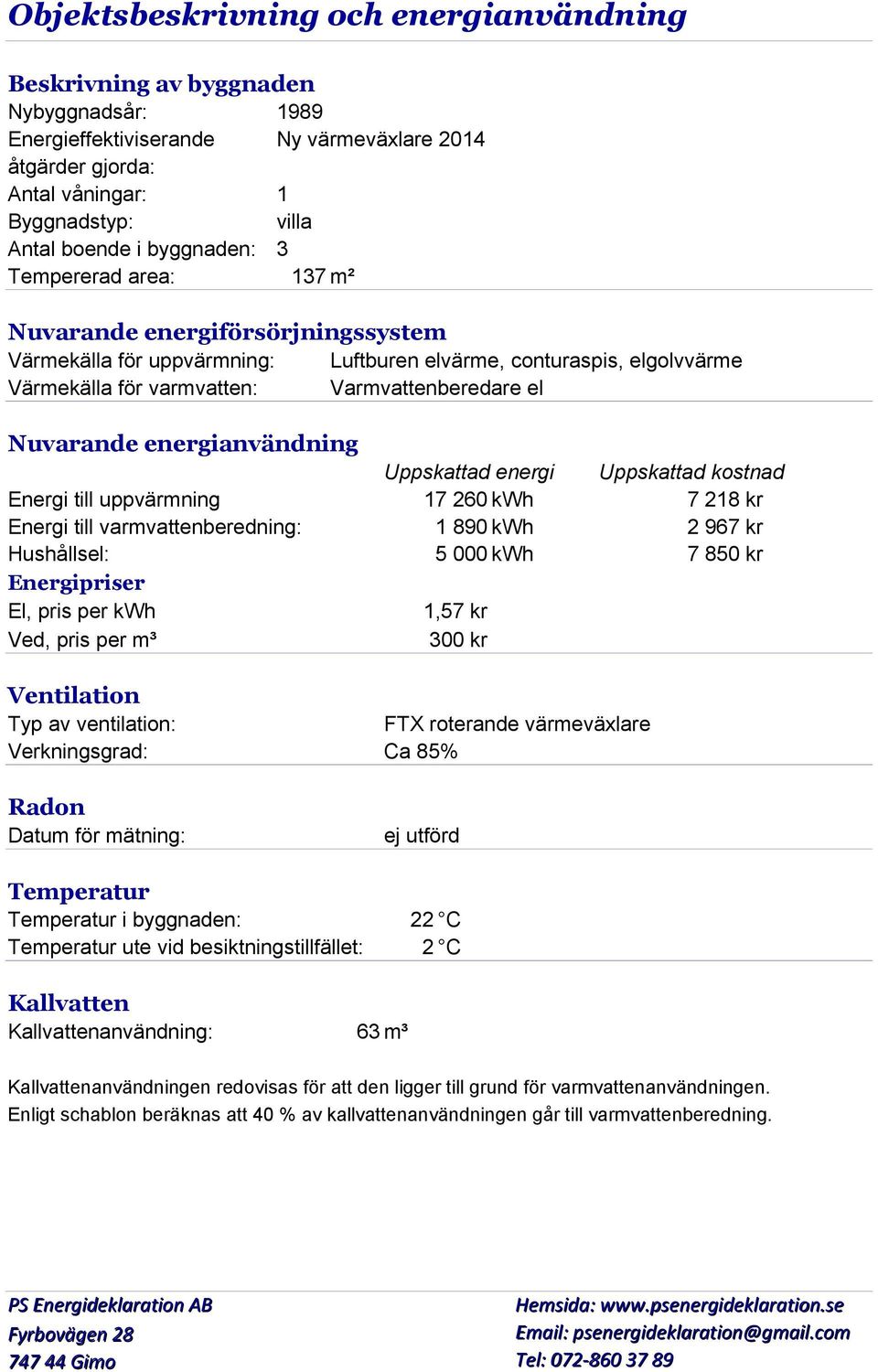 Nuvarande energianvändning Uppskattad energi 17 260 kwh 1 890 kwh 5 000 kwh Energi till uppvärmning Energi till varmvattenberedning: Hushållsel: Energipriser El, pris per kwh Ved, pris per m³