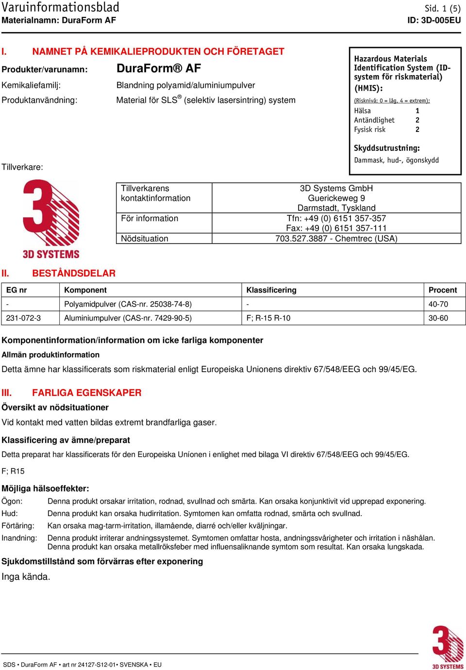 lasersintring) system Hazardous Materials Identification System (IDsystem för riskmaterial) (HMIS): (Risknivå: 0 = låg, 4 = extrem); Hälsa 1 Antändlighet 2 Fysisk risk 2 Skyddsutrustning: Dammask,