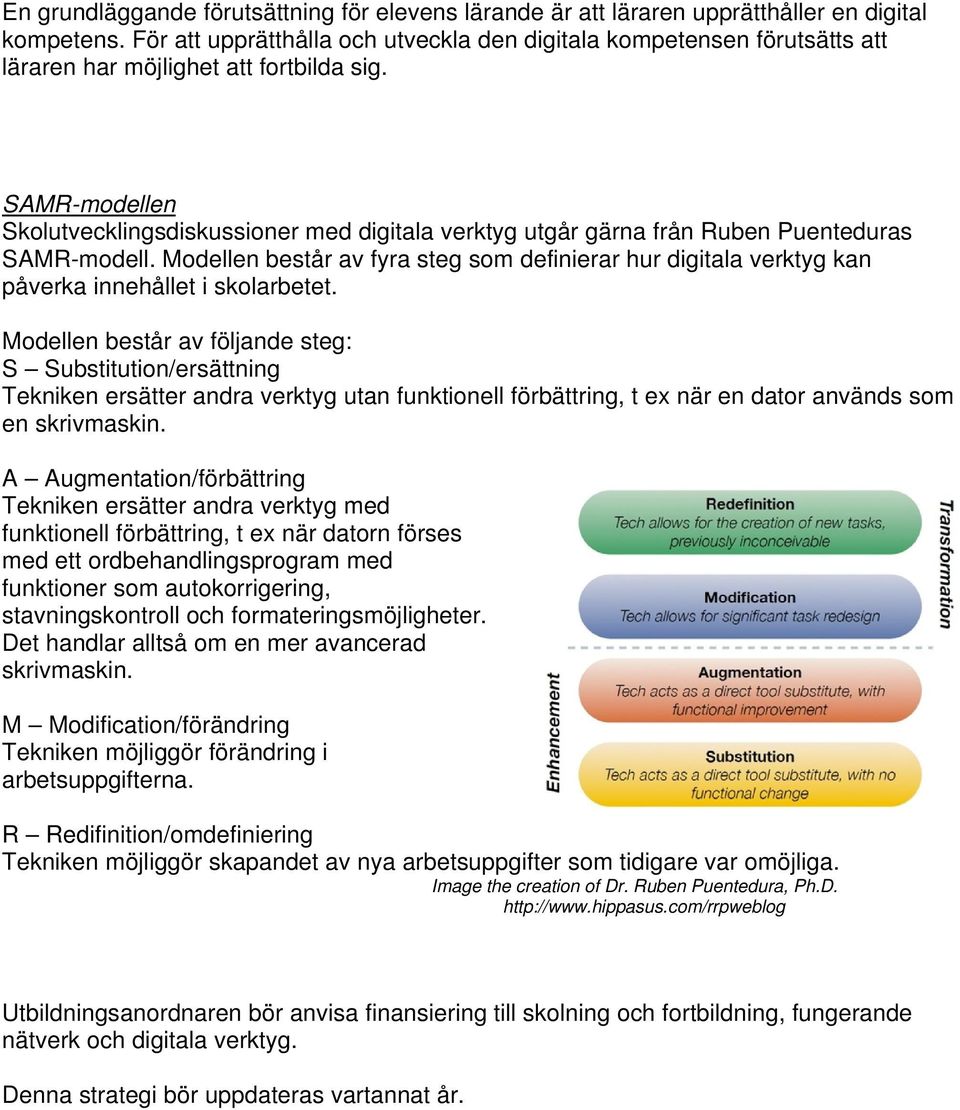 SAMR-modellen Skolutvecklingsdiskussioner med digitala verktyg utgår gärna från Ruben Puenteduras SAMR-modell.