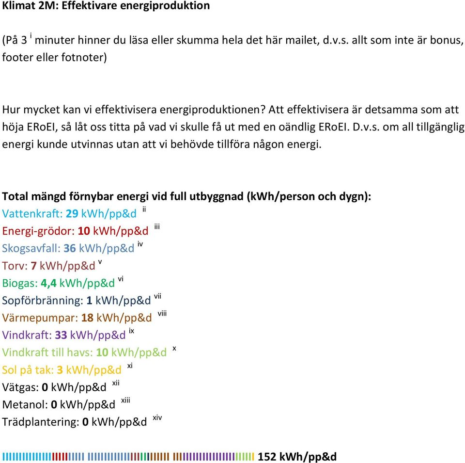 Total mängd förnybar energi vid full utbyggnad (kwh/person och dygn): Vattenkraft: 29 kwh/pp&d ii Energi-grödor: 10 kwh/pp&d iii Skogsavfall: 36 kwh/pp&d iv Torv: 7 kwh/pp&d v Biogas: 4,4 kwh/pp&d vi