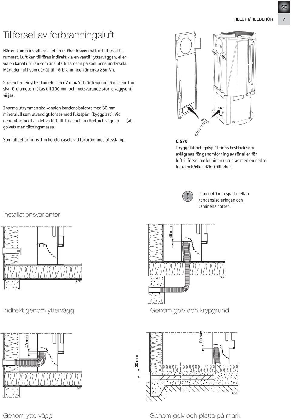 Stosen har en ytterdiameter på 67 mm. Vid rördragning längre än 1 m ska rördiametern ökas till 100 mm och motsvarande större väggventil väljas.