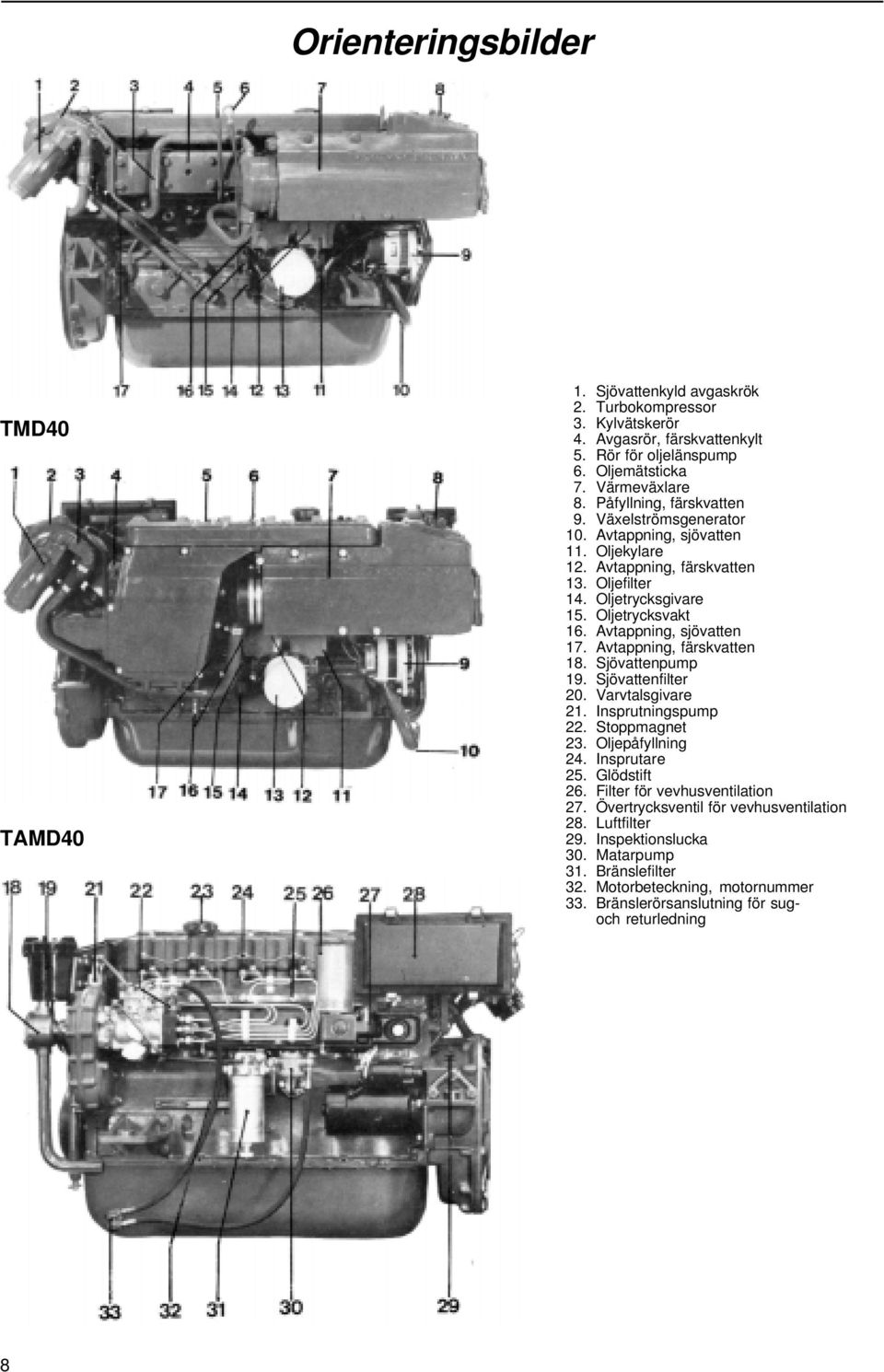 Avtappning, sjövatten 17. Avtappning, färskvatten 18. Sjövattenpump 19. Sjövattenfilter 20. Varvtalsgivare 21. Insprutningspump 22. Stoppmagnet 23. Oljepåfyllning 24. Insprutare 25. Glödstift 26.