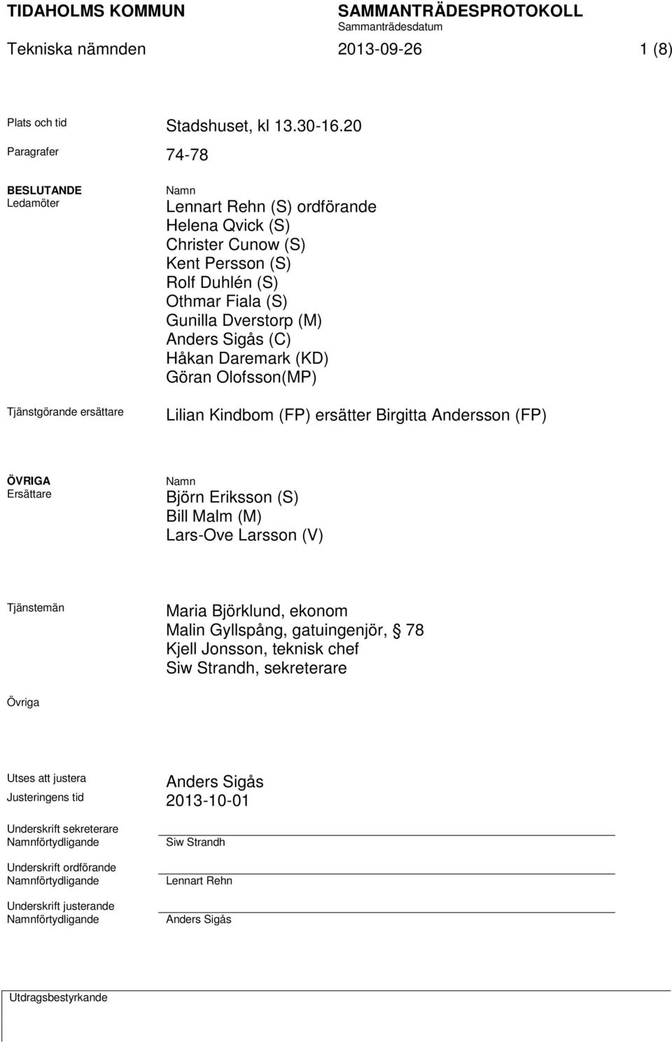 Dverstorp (M) Anders Sigås (C) Håkan Daremark (KD) Göran Olofsson(MP) Lilian Kindbom (FP) ersätter Birgitta Andersson (FP) ÖVRIGA Ersättare Namn Björn Eriksson (S) Bill Malm (M) Lars-Ove Larsson (V)