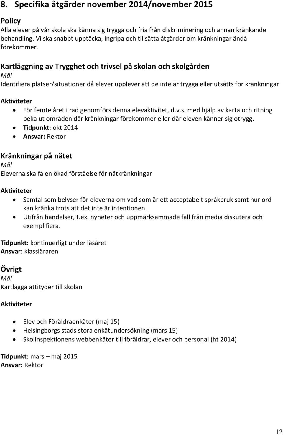 Kartläggning av Trygghet och trivsel på skolan och skolgården Identifiera platser/situationer då elever upplever att de inte är trygga eller utsätts för kränkningar Aktiviteter För femte året i rad