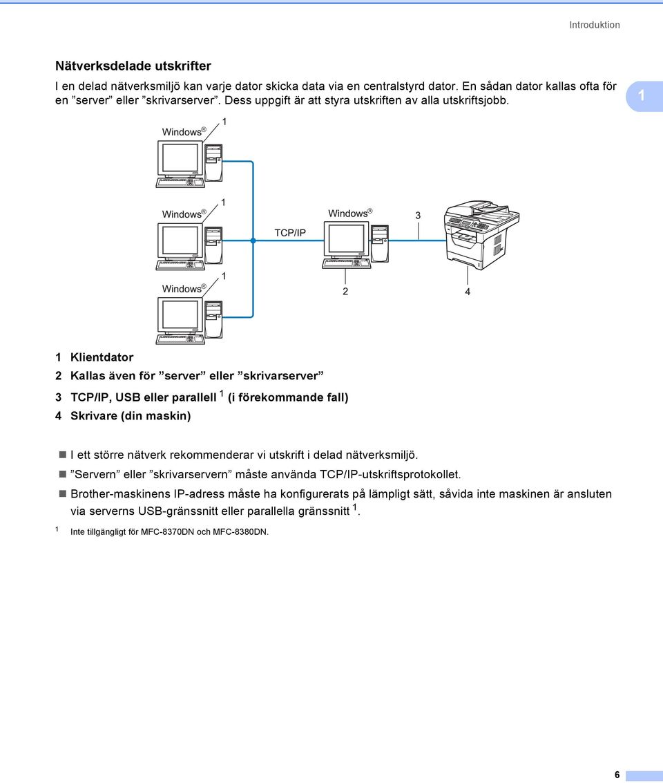 1 1 Klientdator 2 Kallas även för server eller skrivarserver 3 TCP/IP, USB eller parallell 1 (i förekommande fall) 4 Skrivare (din maskin) I ett större nätverk rekommenderar vi