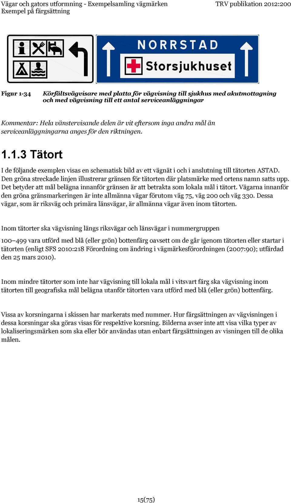 Den gröna streckade linjen illustrerar gränsen för tätorten där platsmärke med ortens namn satts upp. Det betyder att mål belägna innanför gränsen är att betrakta som lokala mål i tätort.