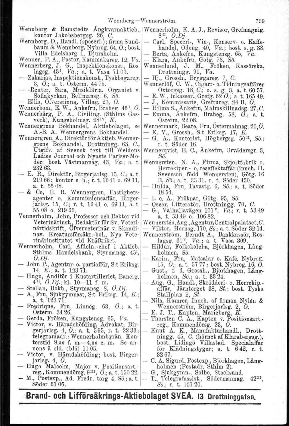 65, Va. Wenner, P. A., Pastor, Kammakareg. 12, Va. Klara, Ankefru, Götg. 73, Sä. Wennerberg, J. G., Inspektionskoust., Ros Wennerlund, J. M., Fröken, Kassörska, lagsg. 43\ Va.; a. t. Vasa 71 03.