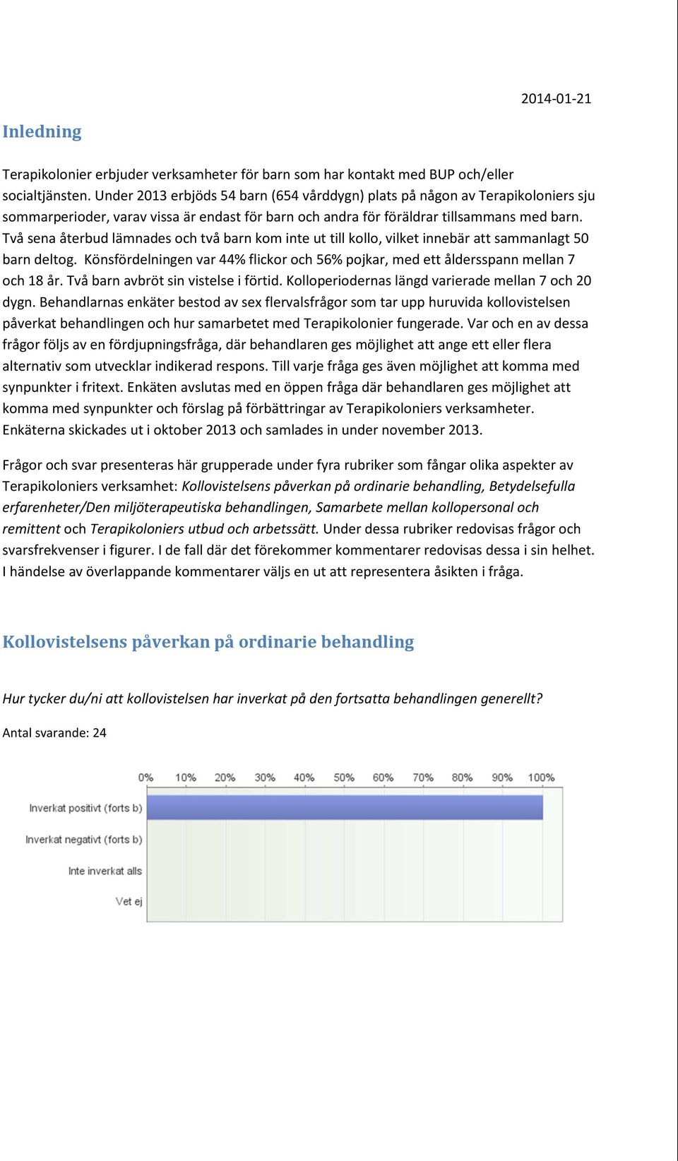 Två sena återbud lämnades och två barn kom inte ut till kollo, vilket innebär att sammanlagt 50 barn deltog. Könsfördelningen var 44% flickor och 56% pojkar, med ett åldersspann mellan 7 och 18 år.