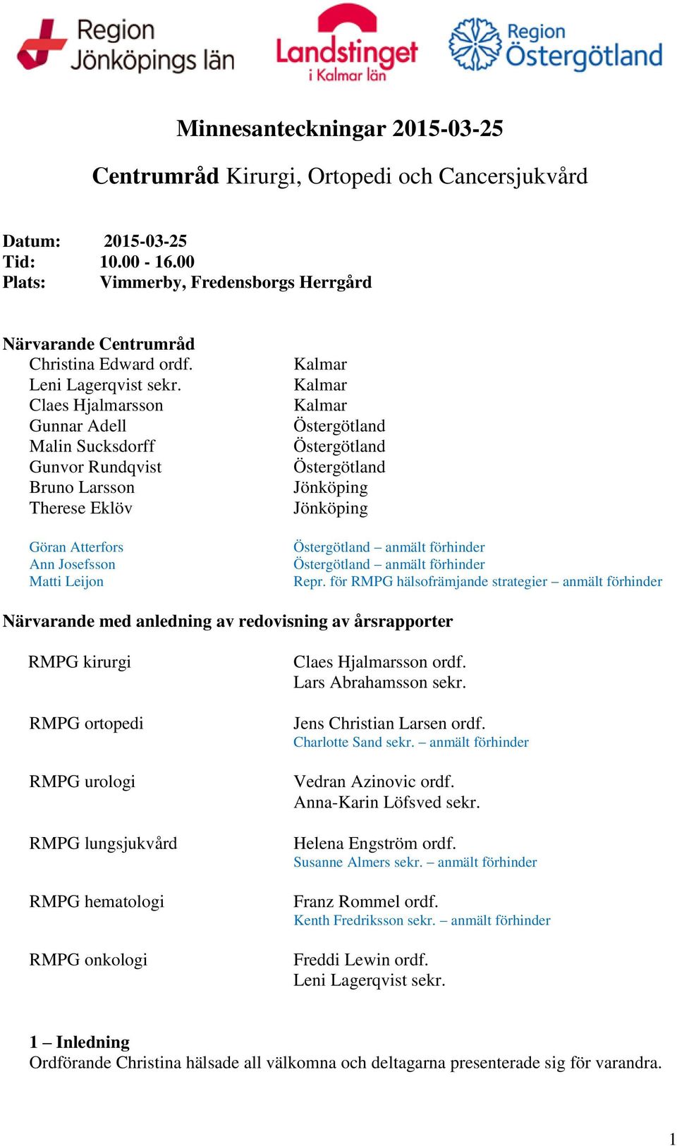 Claes Hjalmarsson Gunnar Adell Malin Sucksdorff Gunvor Rundqvist Bruno Larsson Therese Eklöv Göran Atterfors Ann Josefsson Matti Leijon Kalmar Kalmar Kalmar Östergötland Östergötland Östergötland