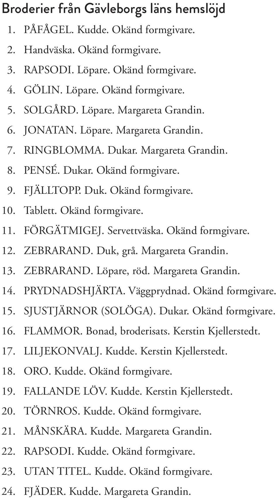 Okänd formgivare. 11. FÖRGÄTMIGEJ. Servettväska. Okänd formgivare. 12. ZEBRARAND. Duk, grå. Margareta Grandin. 13. ZEBRARAND. Löpare, röd. Margareta Grandin. 14. PRYDNADSHJÄRTA. Väggprydnad.