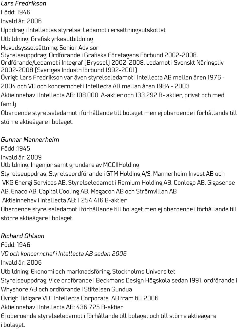 Ledamot i Svenskt Näringsliv 2002-2008 (Sveriges Industriförbund 1992-2001) Övrigt: Lars Fredrikson var även styrelseledamot i Intellecta AB mellan åren 1976-2004 och VD och koncernchef i Intellecta