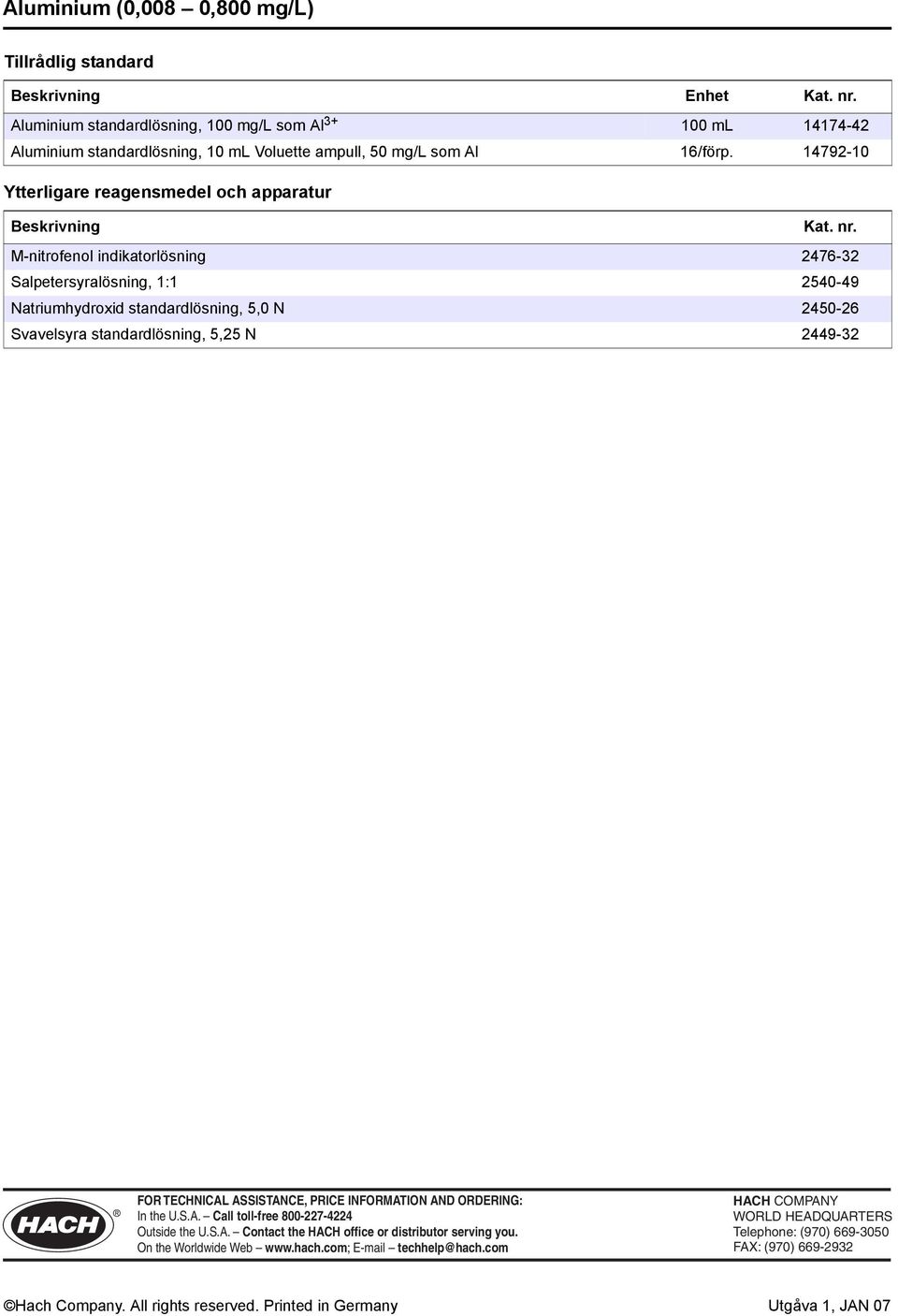 nr. M-nitrofenol indikatorlösning 2476-32 Salpetersyralösning, 1:1 2540-49 Natriumhydroxid standardlösning, 5,0 N 2450-26 Svavelsyra standardlösning, 5,25 N 2449-32 FOR TECHNICAL ASSISTANCE, PRICE