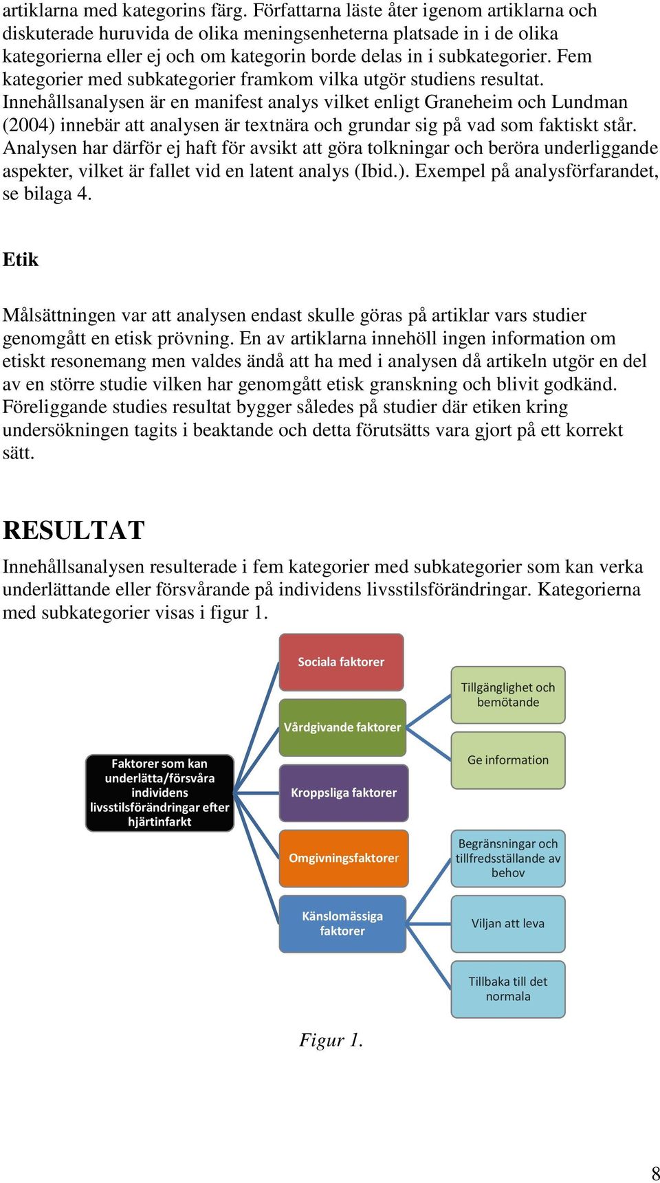 Fem kategorier med subkategorier framkom vilka utgör studiens resultat.