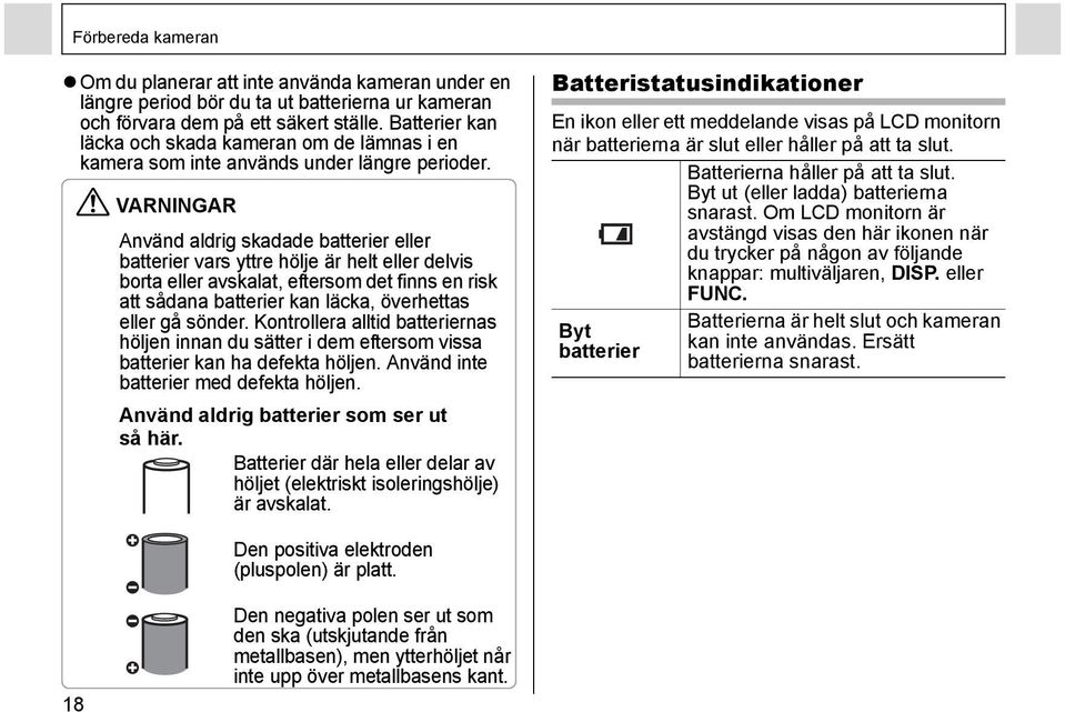 VARNINGAR Använd aldrig skadade batterier eller batterier vars yttre hölje är helt eller delvis borta eller avskalat, eftersom det finns en risk att sådana batterier kan läcka, överhettas eller gå